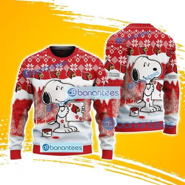 Louisville Cardinals NCAA Snoopy Happy Custom Name Christmas Ugly Sweater New Fashion Product Photo 1