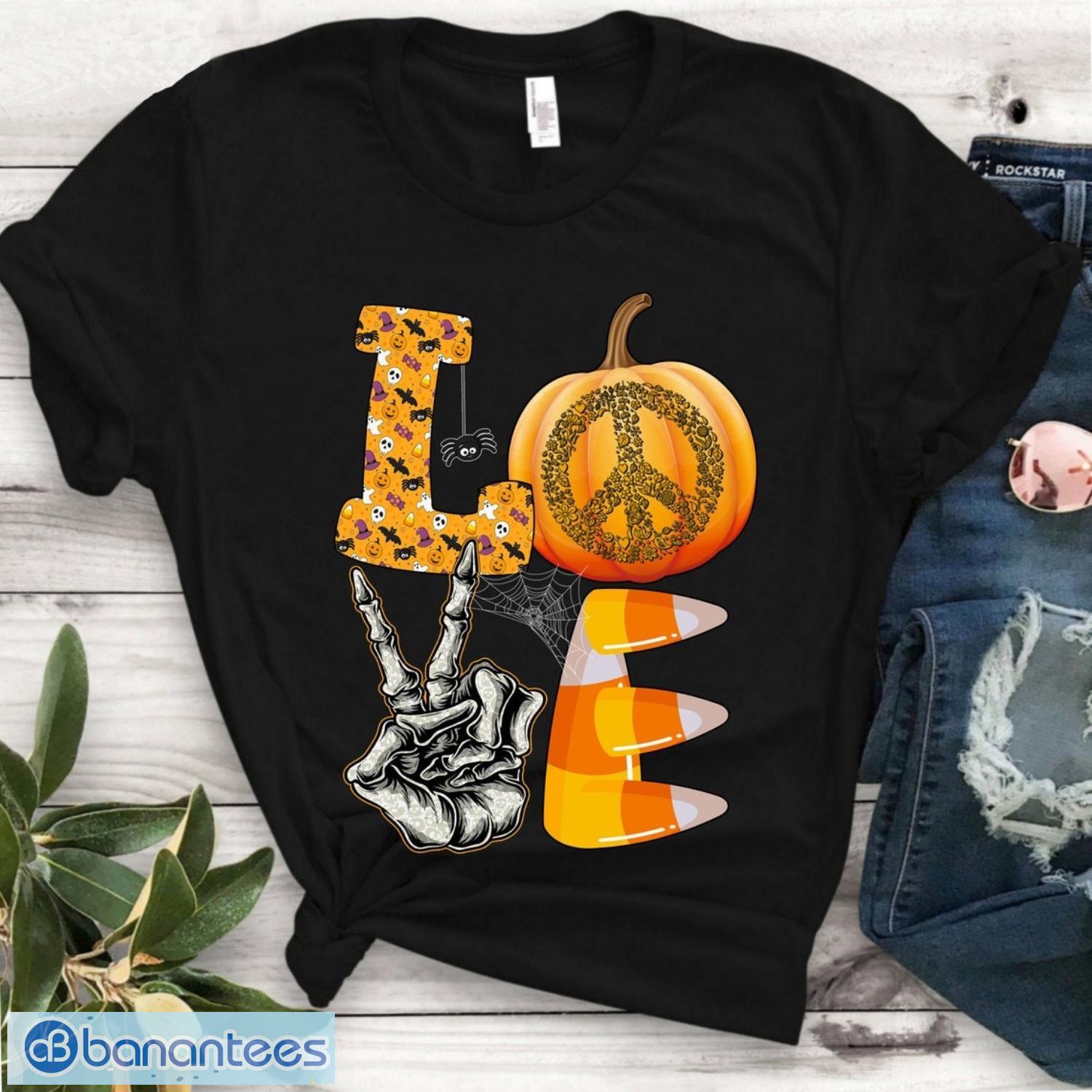 love peace sign pumpkin v sign hippie halloween costume unisex t shirt image LOVE Peace Sign Pumpkin V Sign Hippie Halloween Costume Unisex T-Shirt Product Photo 1