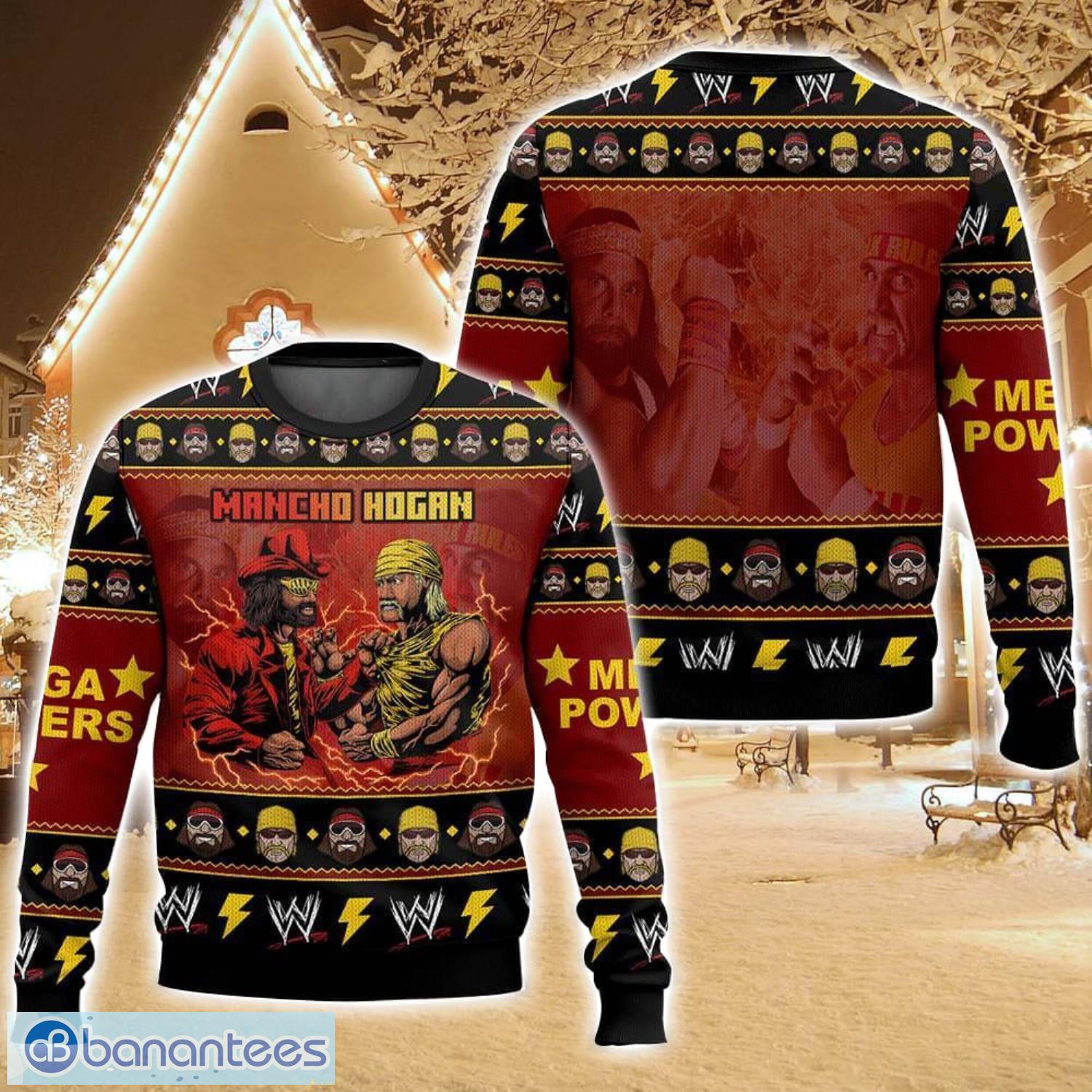 mancho hogan macho man and hulk hogan ugly christmas sweater christmas gift for family holiday gift image MANCHO HOGAN Macho Man and Hulk Hogan Ugly Christmas Sweater Christmas Gift For Family Holiday Gift Product Photo 1