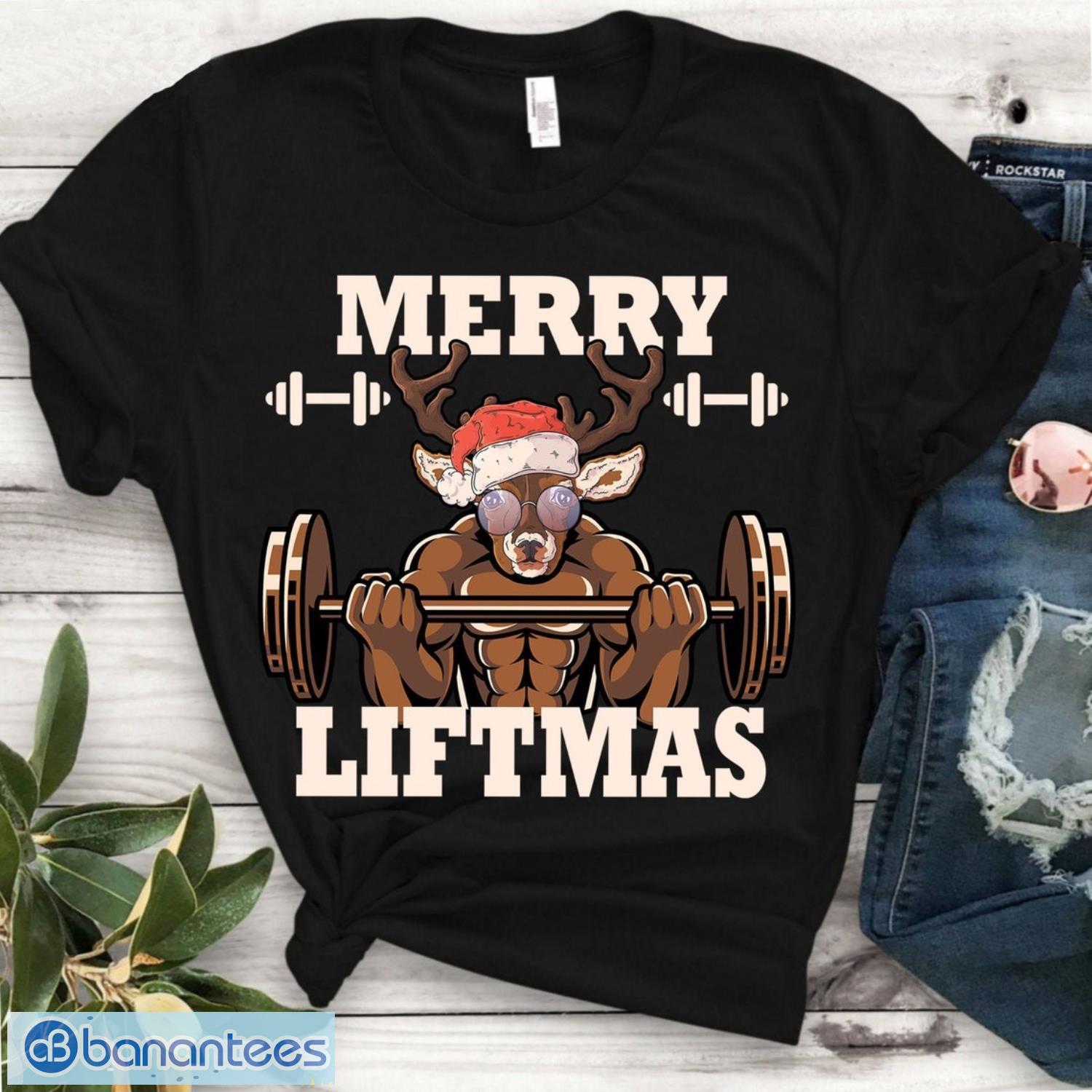 merry liftmas shirt fitness reindeer santa christmas tshirt image Merry Liftmas Shirt - Fitness Reindeer Santa Christmas Tshirt Product Photo 1