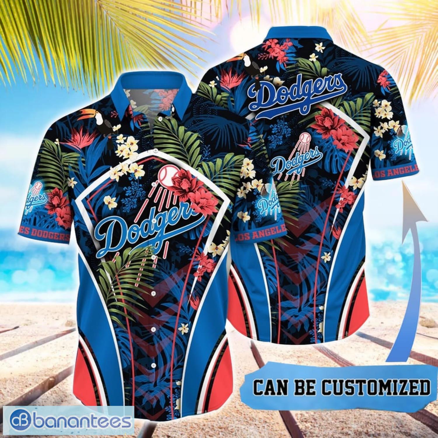 mlb los angeles dodgers hawaiian shirt flower summer tropical aloha shirt image MLB Los Angeles Dodgers Hawaiian Shirt Flower Summer Tropical Aloha Shirt Product Photo 1