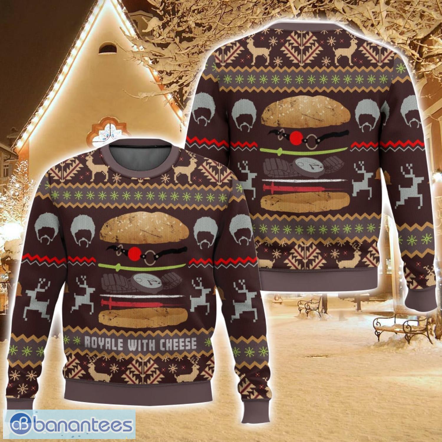 pulp fiction royale with cheese christmas ugly christmas sweater for men and women christmas holiday gift family gift image Pulp Fiction, Royale With Cheese Christmas Ugly Christmas Sweater For Men And Women Christmas Holiday Gift Family Gift Product Photo 1