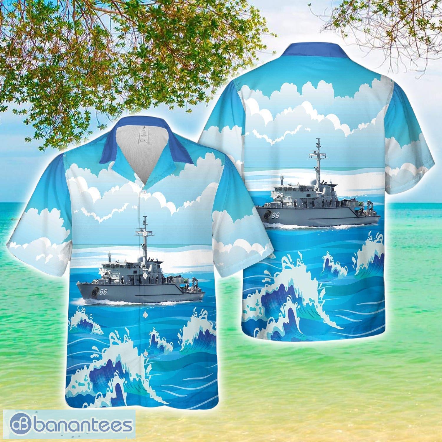 royal australian navy minehunter hmas diamantina hawaiian shirt image Royal Australian Navy Minehunter HMAS Diamantina Hawaiian Shirt Product Photo 1