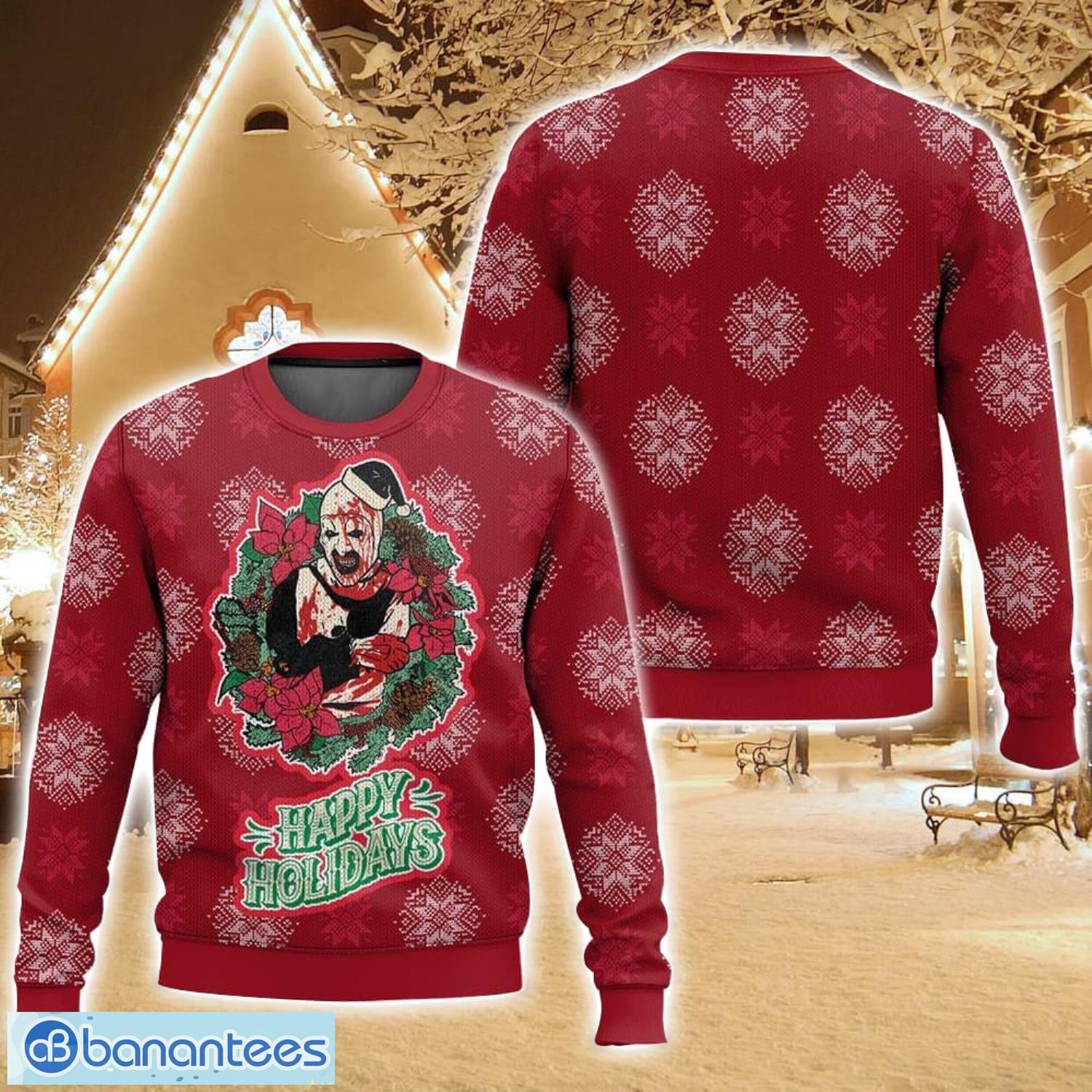 terrifier happy holidays ugly christmas sweater for men and women christmas holiday gift family gift image Terrifier Happy Holidays Ugly Christmas Sweater For Men And Women Christmas Holiday Gift Family Gift Product Photo 1