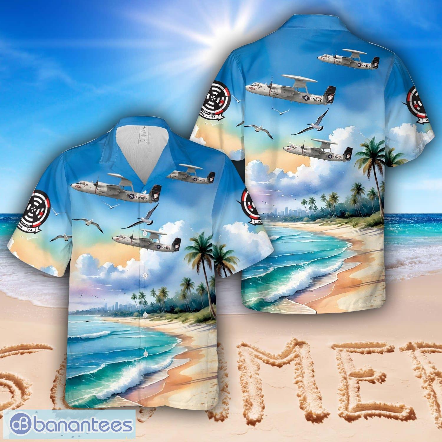 us navy e 2c hawkeye vaw 124 bear aces aj600 165300 cvw 8 uss theodore roosevelt cvn 71 2008 hawaiian shirt aloha beach shirt image US Navy E-2C Hawkeye VAW-124 Bear Aces, AJ600 -165300. CVW-8, USS Theodore Roosevelt CVN-71 - 2008 Hawaiian Shirt Aloha Beach Shirt Product Photo 1