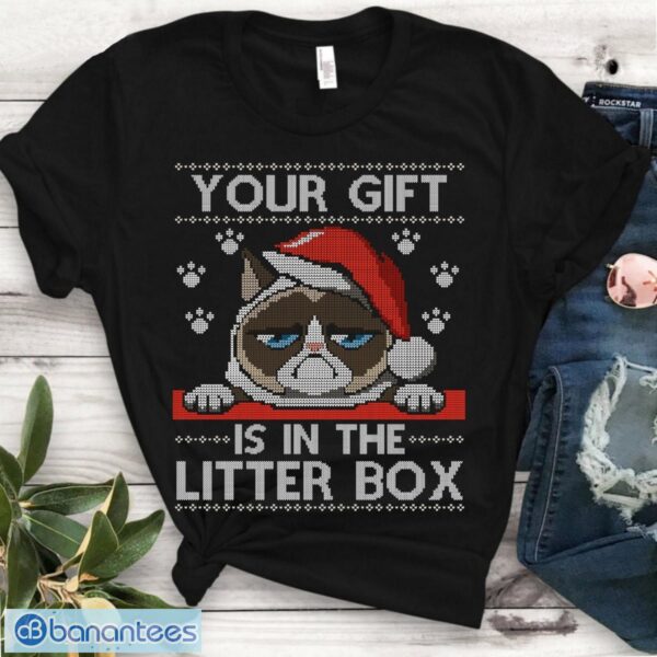 Your Gift Is In Litter Box Shirt - Funny Cat Christmas Ugly Xmas Tshirt Product Photo 1