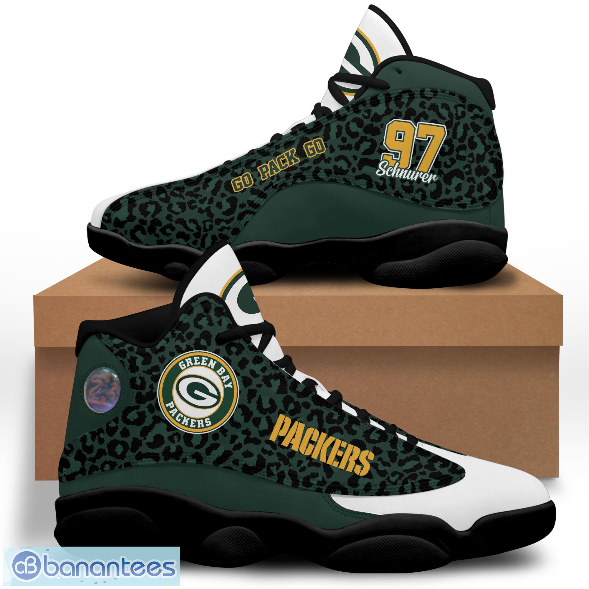 green bay packers football team custom name and number air jordan 13 shoes image Green Bay Packers Football Team Custom Name And Number Air Jordan 13 Shoes Product Photo 1