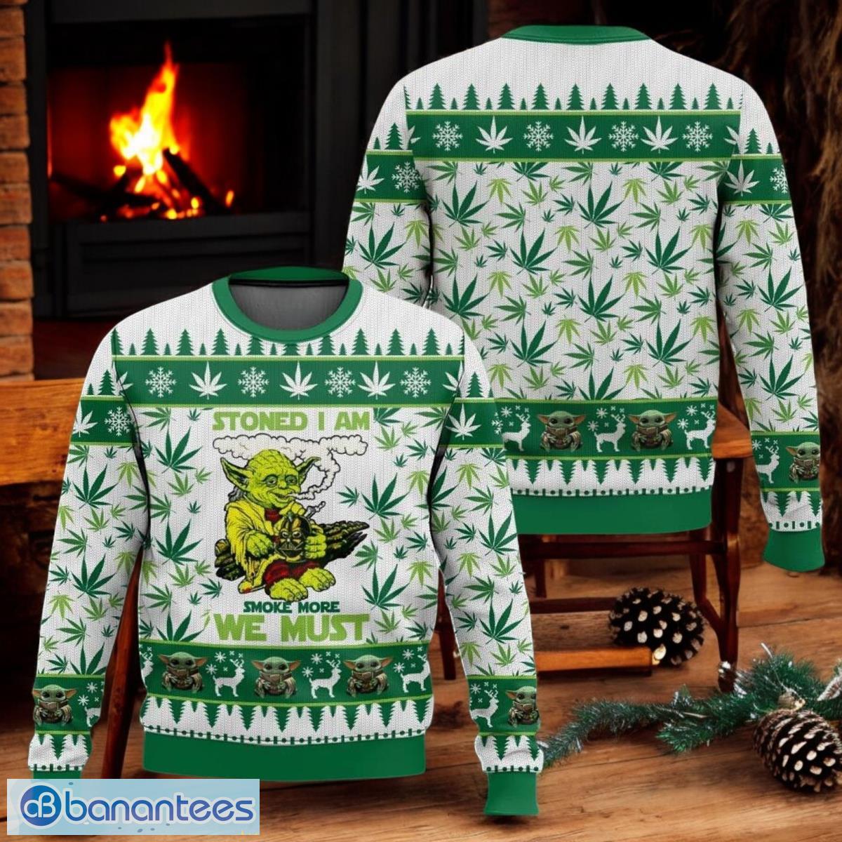 baby yoda stoned i am smoke more we must ugly christmas sweater image Baby Yoda “Stoned I am Smoke More We Must” Ugly Christmas Sweater Product Photo 1