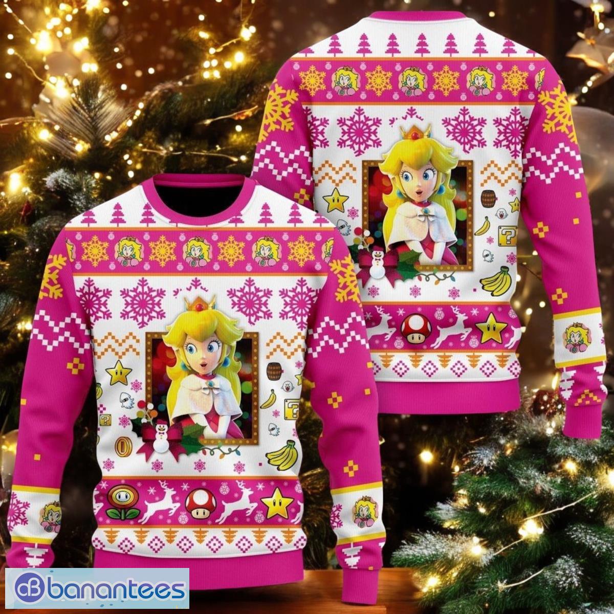 christmas princess peach ugly sweater super mario bros christmas sweater image Christmas Princess Peach Ugly Sweater Super Mario Bros Christmas Sweater Product Photo 1