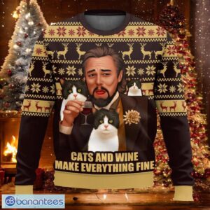 Leonardo DiCaprio Cats and Wine Make Everything Fine Christmas Ugly Sweater Product Photo 1