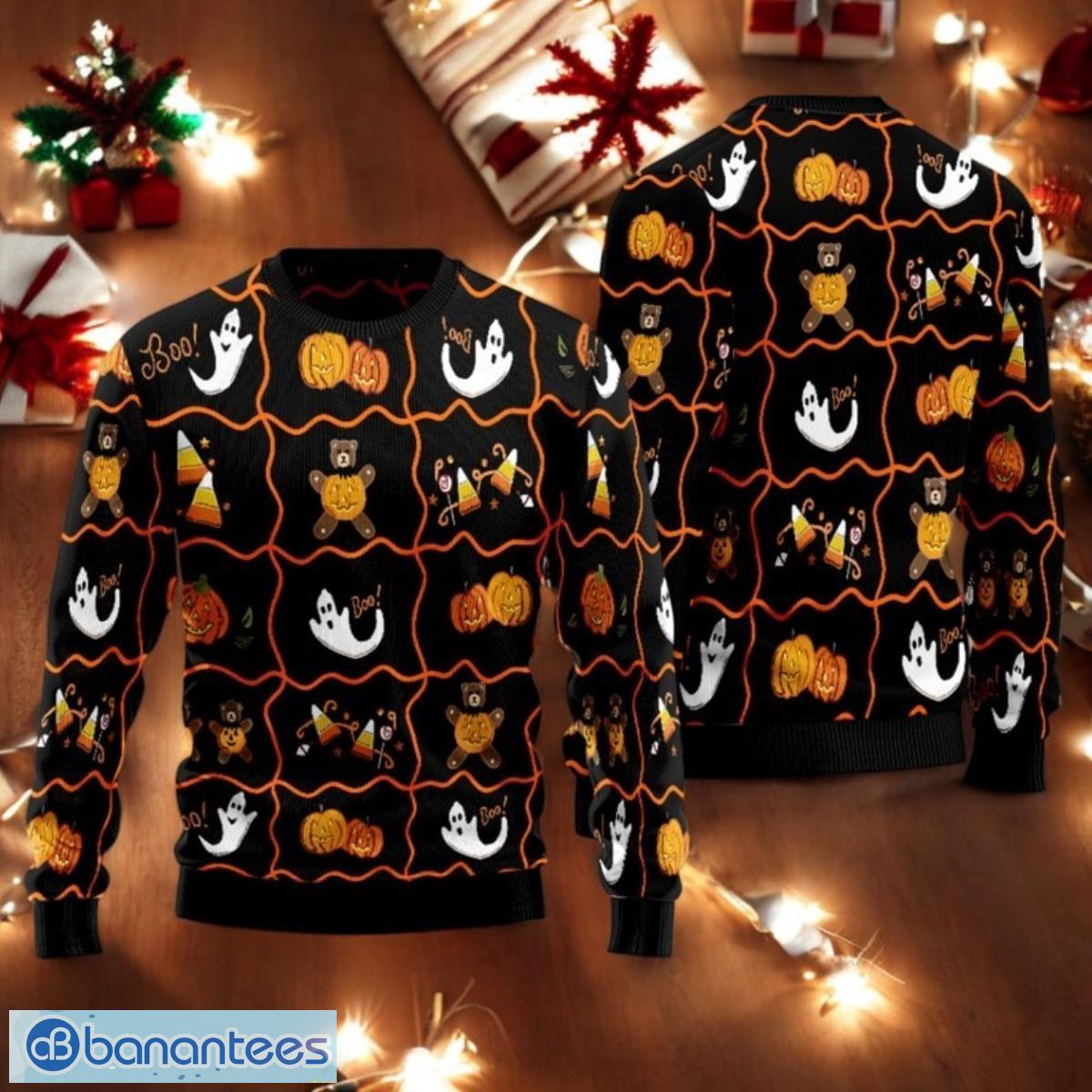 halloween pattern ugly sweater boo ghost pumpkin sweater cute holiday sweater image Halloween Pattern Ugly Sweater Boo Ghost Pumpkin Sweater Cute Holiday Sweater Product Photo 1