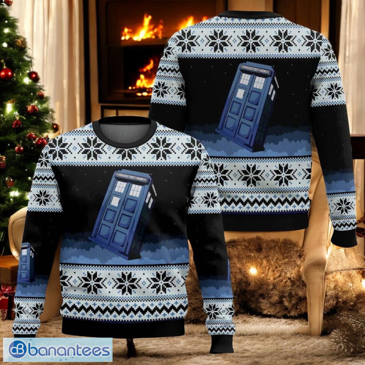 retro police box doctor who ugly christmas sweater doctor who xmas 3d sweater image Retro Police Box Doctor Who Ugly Christmas Sweater Doctor Who Xmas 3D Sweater Product Photo 1