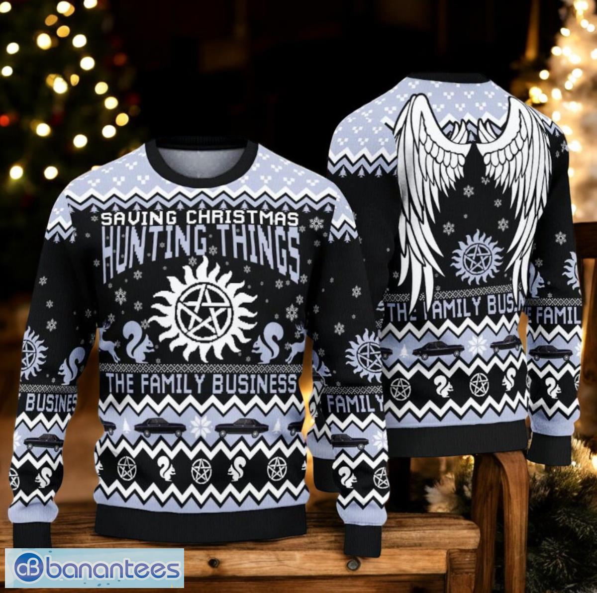 supernatural christmas ugly sweater hunting things the family business sweater image Supernatural Christmas Ugly Sweater Hunting Things The Family Business Sweater Product Photo 1