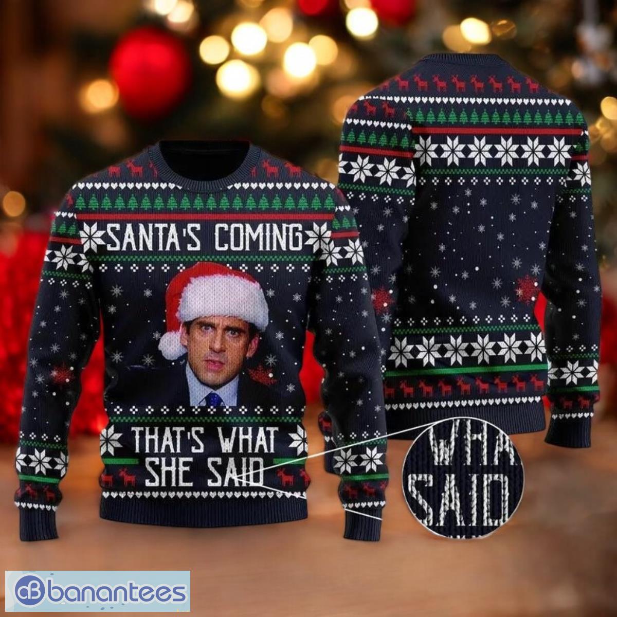 the office ugly christmas sweater santas coming sweater image The Office Ugly Christmas Sweater Santa's Coming Sweater Product Photo
