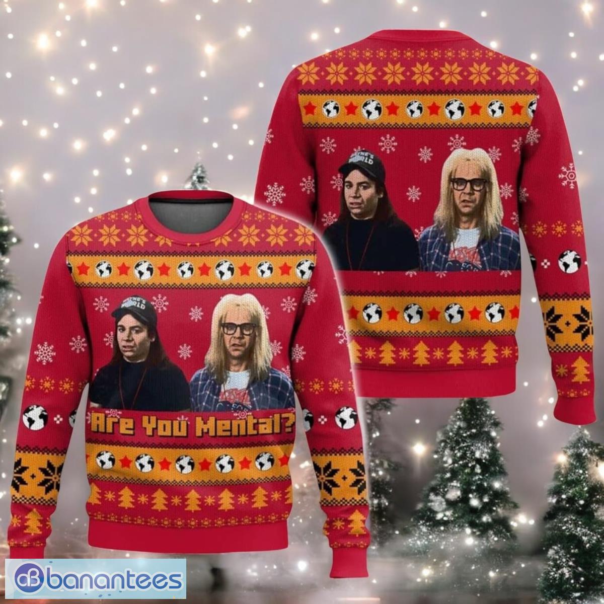 waynes world are you mental christmas ugly sweater saturday night live sweater image Wayne’s World Are you Mental Christmas Ugly Sweater Saturday Night Live Sweater Product Photo 1
